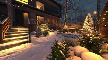 Snow-covered garden with festive lights and decorations beside a modern house at night photo