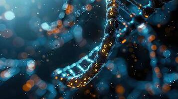 Abstract representation of DNA structure illuminated by glowing particles in a dark background photo