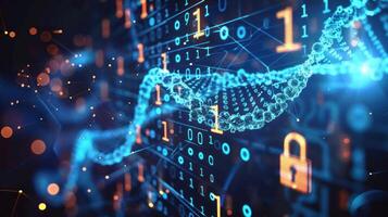 Abstract representation of digital data and security with binary code and DNA strands in a futuristic setting photo