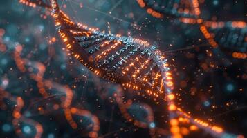 Close-up view of a DNA double helix with glowing strands in a futuristic digital environment photo