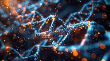 Abstract representation of interconnected DNA strands illuminated by glowing particles in a dark background photo