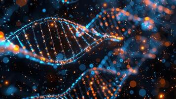 Abstract representation of DNA strands illuminated by glowing particles against a dark background photo