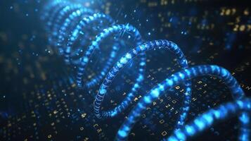 Abstract representation of a spiraling digital data stream with glowing blue elements and binary code photo
