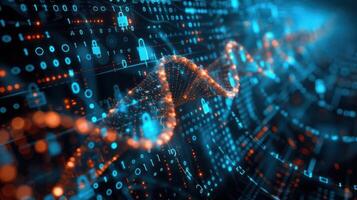Digital representation of DNA structure intertwined with data streams and security elements photo