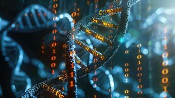 Abstract representation of DNA strands intertwined with binary code in a futuristic digital environment photo