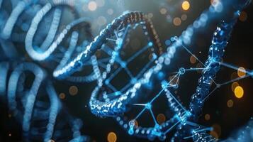 Close-up view of a DNA double helix structure with glowing blue strands against a blurred background photo