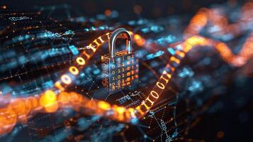 Digital security concept with a padlock over binary code and abstract data flow in a tech environment photo