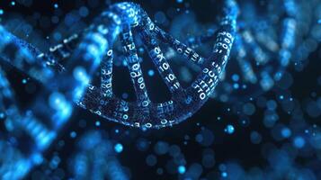 3D representation of a DNA double helix with binary code, glowing particles in a digital environment photo