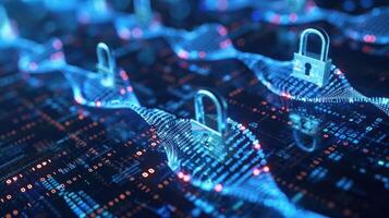 Abstract representation of digital security with locks over interconnected data waves in blue tones photo