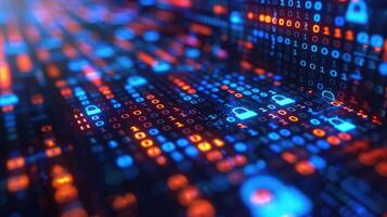 Abstract digital data visualization with vibrant binary code and security icons in a tech environment photo