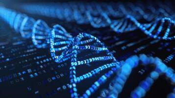 Abstract representation of DNA strands intertwined with digital binary code in a futuristic setting photo