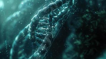 Close-up view of a DNA double helix structure with glowing particles in a dark environment photo