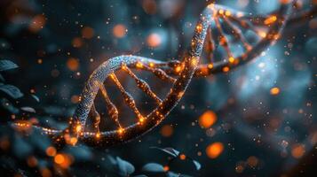 Abstract representation of DNA strand illuminated with glowing particles amidst foliage photo