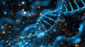 Close-up view of a glowing DNA helix with abstract connections and particles in a dark background photo
