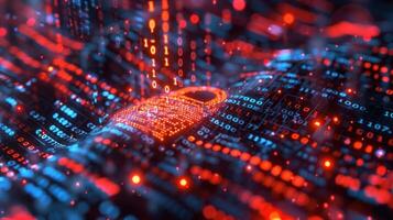 Digital lock surrounded by binary data streams representing cybersecurity in a virtual landscape photo