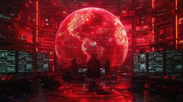 Futuristic control room with a glowing red globe, showcasing technology and data analysis photo