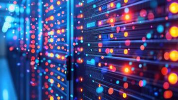 Vibrant data center environment with illuminated servers and colorful light patterns in the background photo