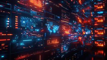 Futuristic digital interface displaying data analytics and global maps in a high-tech environment photo