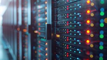 Close-up view of illuminated server racks in a data center showcasing vibrant LED indicators photo
