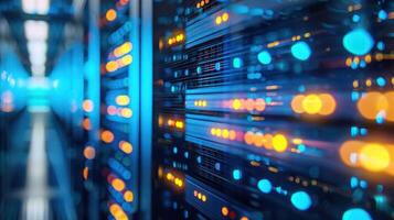 Vibrant Data Center with Illuminated Server Racks and Blurred Background Action photo
