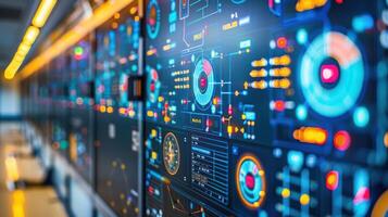 Futuristic control room with digital interfaces displaying data and analytics for monitoring photo