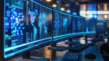 Multiple high-resolution monitors displaying global data analytics in a modern tech workspace photo