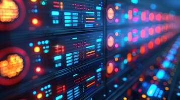 Vibrant server room with illuminated panels and colorful lights, showcasing technology in action photo