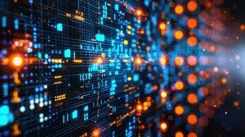 Abstract representation of digital data flow with vibrant lights and patterns in a technological space photo