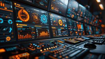 High-tech control room with glowing screens displaying data analytics and statistics photo