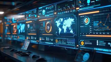 Futuristic control room with multiple screens displaying data analytics and world map visualization photo