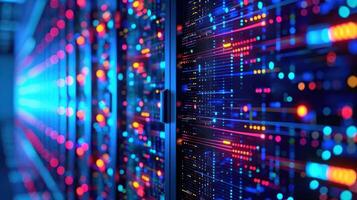 Vibrant data center with illuminated server racks showcasing technology and digital connectivity photo