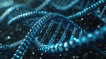 Abstract representation of digital DNA strands with binary code and glowing particles in dark space photo