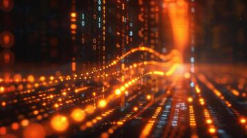 Abstract representation of data flow with glowing orange particles in a digital environment photo