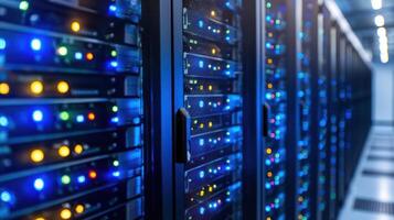 Modern data center showcasing rows of servers with vibrant LED lights in a high-tech environment photo