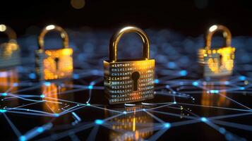 Golden padlocks on a digital network background symbolizing cybersecurity and data protection photo
