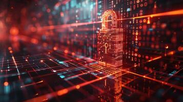 Digital representation of a secure padlock surrounded by glowing data streams and binary code photo
