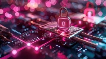 Digital security concept with glowing padlocks on circuit board, symbolizing data protection photo