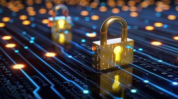 Digital locks on a circuit board background, symbolizing cybersecurity and data protection photo