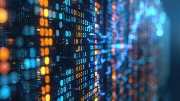 Abstract digital data visualization with glowing binary code and interconnected lines in a tech environment photo