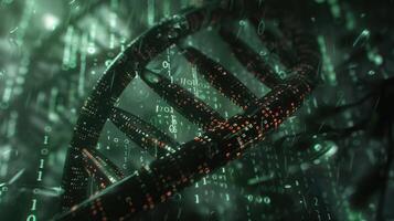 Abstract representation of DNA structure intertwined with digital binary code in a dark, futuristic setting photo