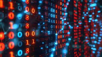 Abstract visualization of binary code and digital data streams with glowing lights in a tech environment photo