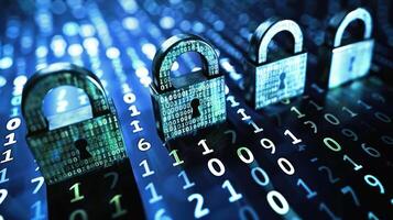 Digital security concept with padlocks over binary code, symbolizing data protection and privacy photo