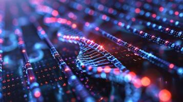 Abstract representation of digital data intertwined with DNA strands, showcasing technology's impact on science photo