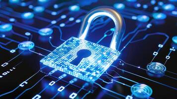 Digital padlock on a circuit board background, symbolizing cybersecurity and data protection photo