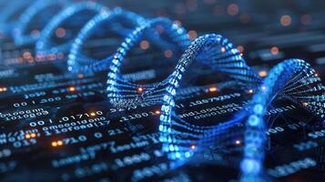 Abstract representation of a DNA double helix with digital data overlay in a futuristic setting photo
