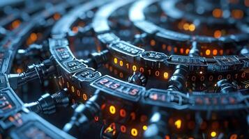 Intricate close-up of futuristic mechanical gears with glowing lights and binary code photo