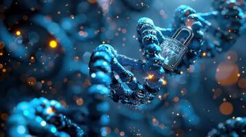 Abstract representation of secure data encryption with chains and a padlock amidst glowing particles photo