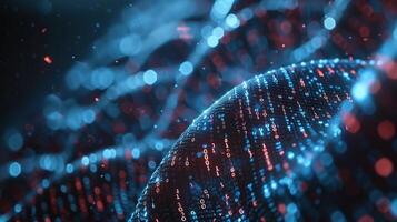 Abstract representation of interconnected digital nodes and glowing particles in a dark space photo