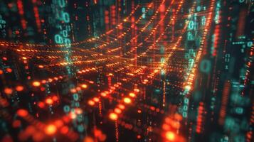 Abstract digital landscape with glowing binary data streams creating a futuristic atmosphere photo