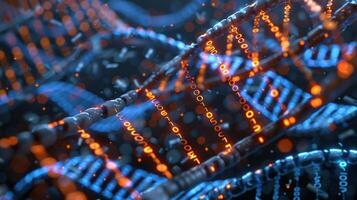 Abstract representation of DNA strands with glowing data elements in a dark background photo